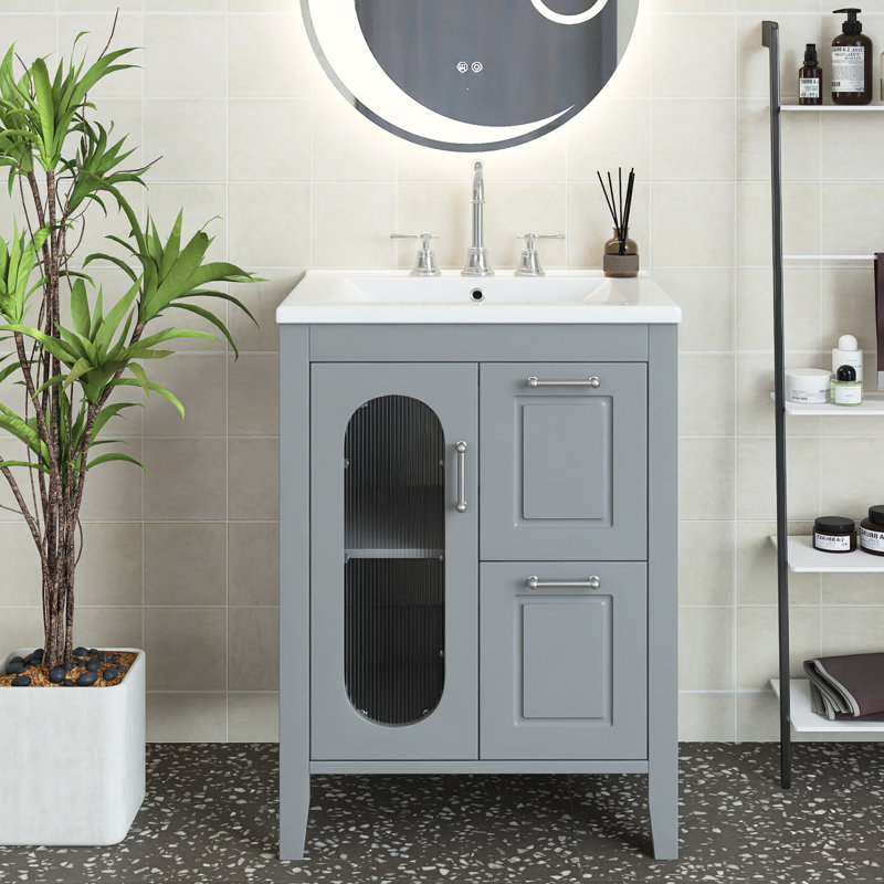 Jermia 24 " W Free Standing Wall Mounted 1 Single Vanity Bathroom Vanity With Ceramic Top, Gray