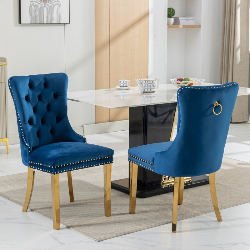 High Blue Velvet Upholstered Dining Chairs, Of 2, With Golden Stainless Steel Plating Legs, Solid Wood Construction And Magnetic Nailhead Trim Exquisite