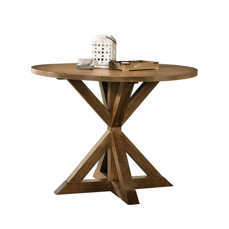 Table de salle à manger à hauteur de comptoir - style avec base en croix. Brun, bois franc, plateau en bois d'hévéa massif pour 4 personnes. L 47,2 po x P 47,2 po x H 36 po. Plateau épais de 1,4 po. Assemblage requis