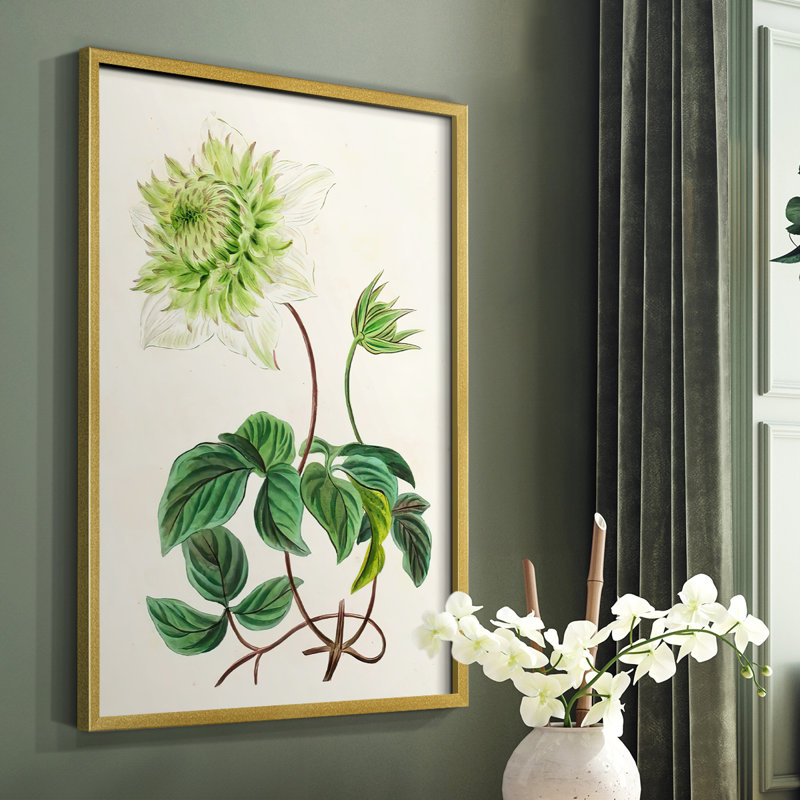 Reproduction d'art antique encadrée avec feuillets floraux - Bois massif, H 14 po x l 11 po