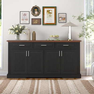 Station de café cannelée de 63 po, buffet noir avec beaucoup de rangement, 4 portes et 3 tiroirs, glissières de tiroir lisses, charnière de haute qualité en noir, conception à deux tons, tablettes réglables,