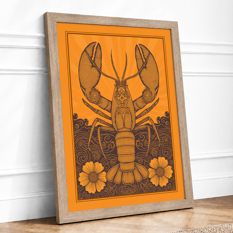 Lobster with Flowers Boho - Framed Print, A2 - 59.4 x 42.0 cm, Oak