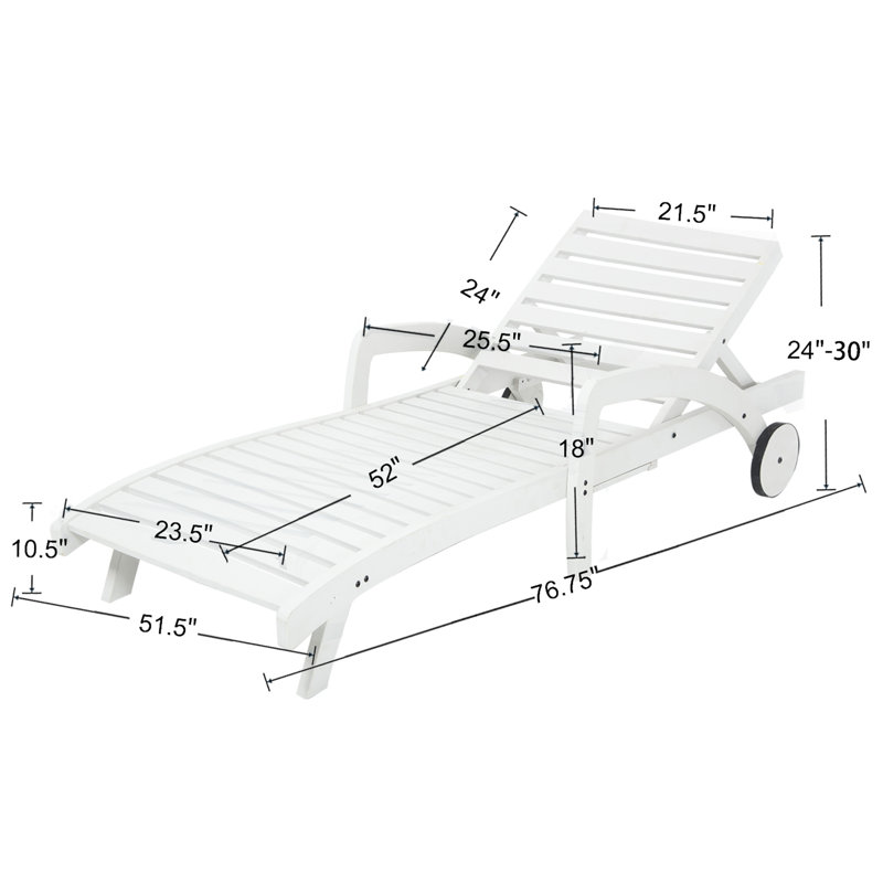 Outdoor Solid Wood Lounge Chair With Wheels, Adjustable Reclining Angle Single Beach Chair For Patio/Seaside/Pool (Set Of 2)