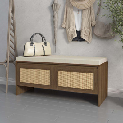 Faux Rattan Storage Bench with Removable Cushion, 2-Door Rattan Shoe Cabinet, Dust-Proof Entryway Bench Seat for Hallway, Mudroom and Bedroom