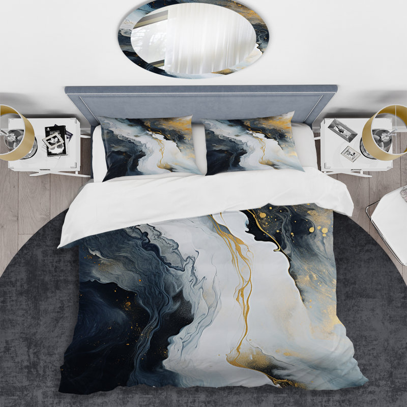 Ensemble de housse de couette en marbre abstrait doré et bleu III, Housse de couette pour très grand lit