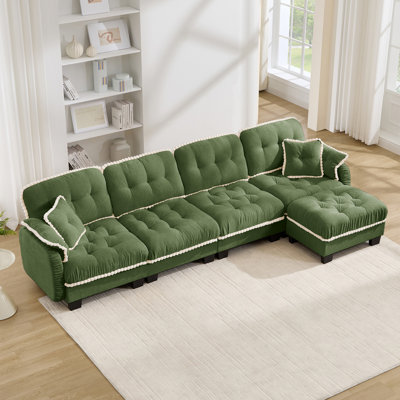 Chenille Cloud L-Shaped Sofa with 4 Pillows, Movable Ottoman Pom-Pom Trim Quilted Tufted Cushion Ergonomic Design, Easy Assembly Deep Seat Couch for Living Room Office, Apartment, Cream Beige