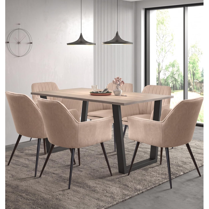 80cm Rectangular Dining Set with Upholstered Chairs, 77cm H x 150cm W x 80cm D, 7 Pieces: Table, 6 Chairs, Cream