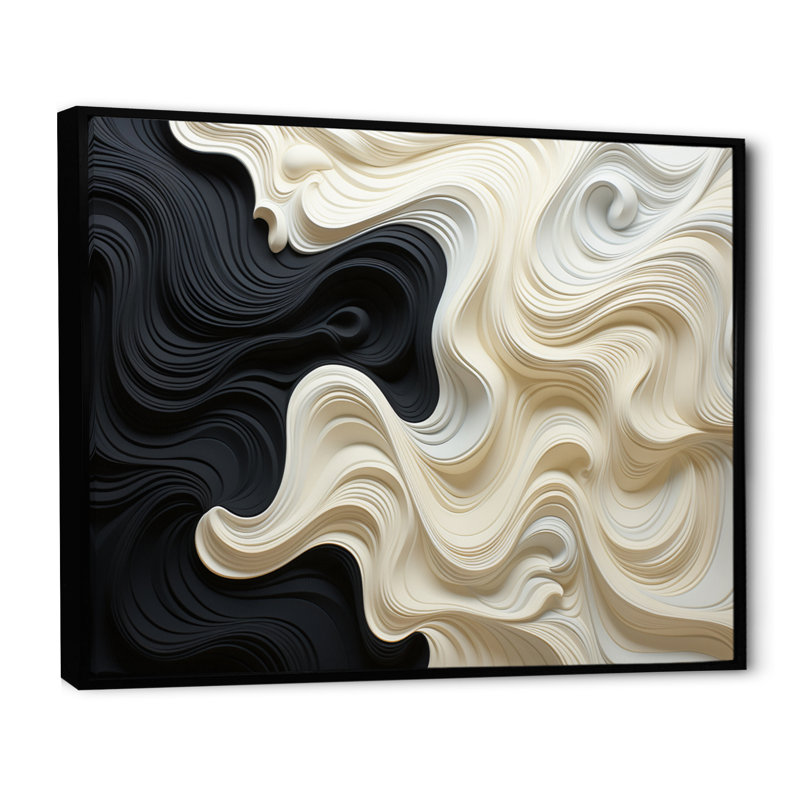 Noir blanc opt art contrastant des vagues - art mural Op Art, Reproduction avec cadre flottant, H 16 po x l 32 po, Noir