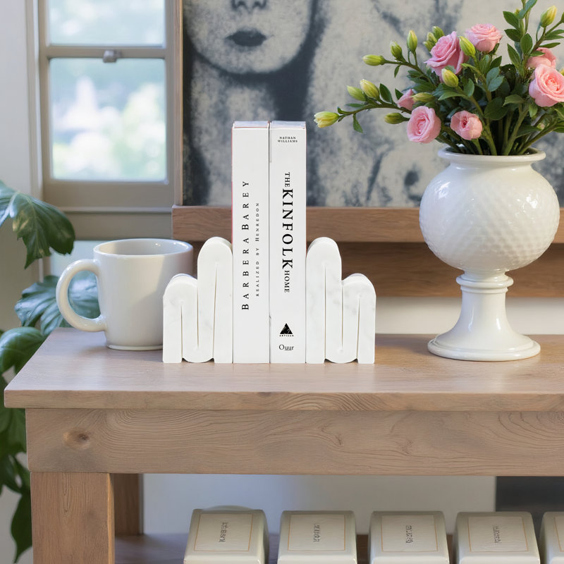 Marble Bookends - Contemporary Abstract White Swirl Design Bookend Set - Book Organization - Home or Office Decor Stylish Book Storage