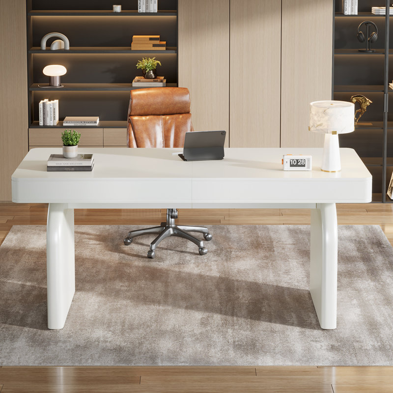 63" White Luxurious Executive Desk with Drawers, Moern Office Desk
