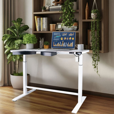 Electric Height Adjustable Sit-Stand Glass Desk with Pivot Drawers for Home Office, Single Motor