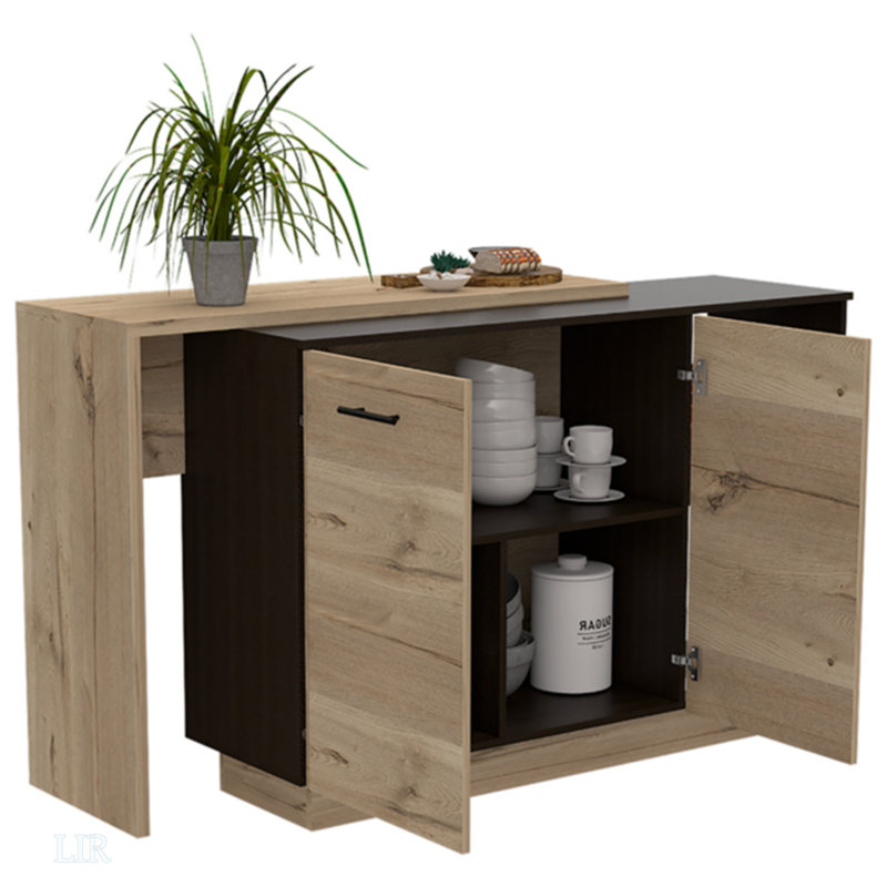 Îlot de cuisine à 2 tablettes et 1 tiroir en wengé noir et chêne clair, 2 tablettes ouvertes, îlot de cuisine