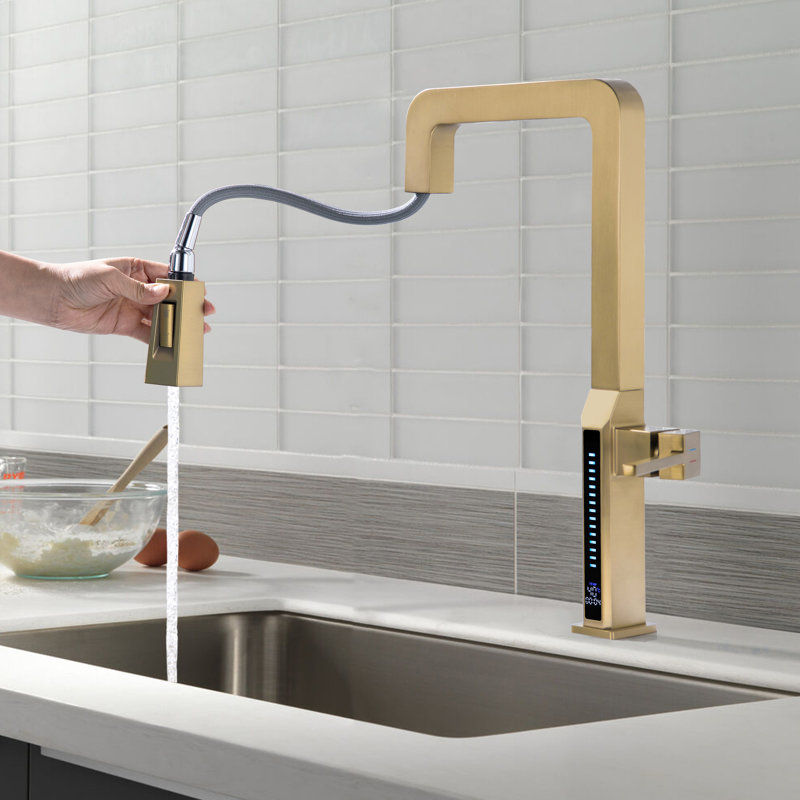 Modern Brushed Gold Single Handle Kitchen Faucet with Pull Out Sprayer and LED Temperature Display, Brushed Gold