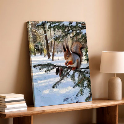 «Winter Squirrel on Snowy Pine Branch Forest Nature», reproduction d'art sur toile, œuvre d'art pour la maison, chambre à coucher, salon, bureau, décoration murale