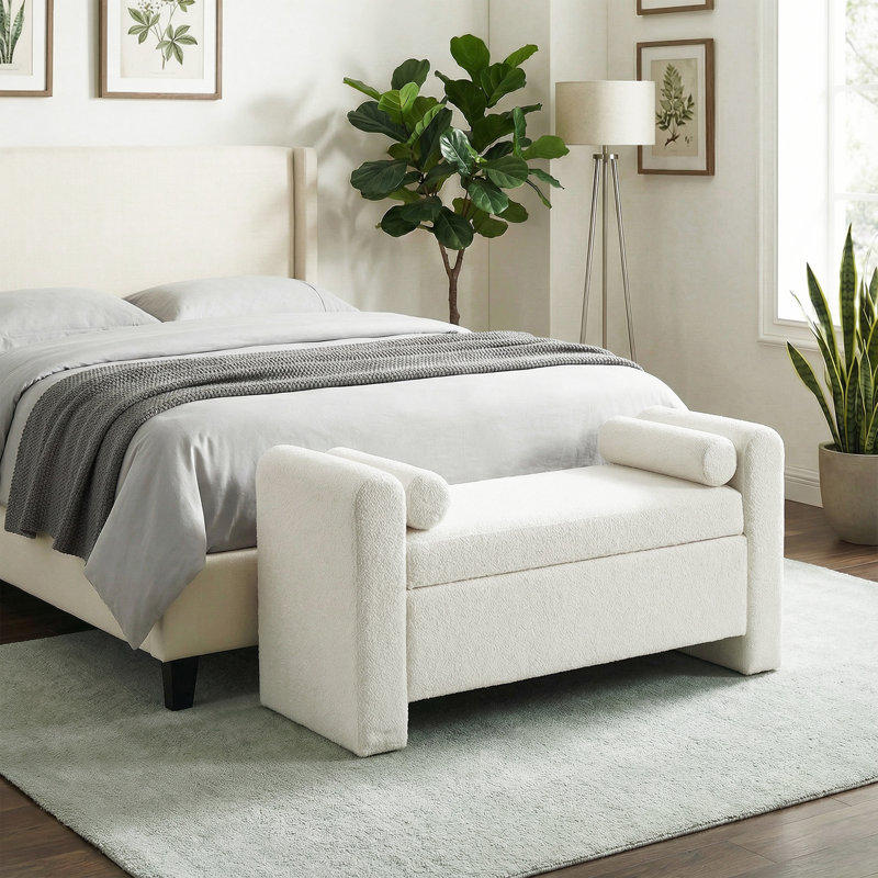 Banc de rangement rembourré en polyester Lataja, Crème, crème, H 24 po x l 46 po x P 19,7 po
