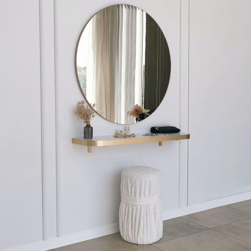 Modern Wall-Mounted Mirror, Gold Finish, 35.4 inches Diameter | 100% Melamine Coated Particle Board, Thickness: 0.7 inches | Stylish and Functional Design for Contemporary Home Décor & Novelty Spaces