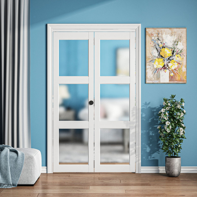 Portes pliantes 36 po x 80 po (porte de garde-robe double 18 po x 80 po) Porte de garde-robe en verre givré 3-Lite avec trousse de quincaillerie, portes intérieures pliantes pré-assemblées pour garde-manger / avec surface en PVC, qualité de fabrication solide et installation facile