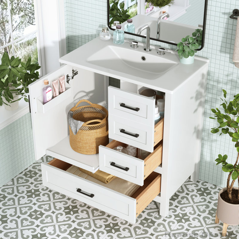 Meuble-lavabo 30 po avec lavabo, porte à fermeture douce, 3 tiroirs à fermeture douce et plateau amovible, Blanc
