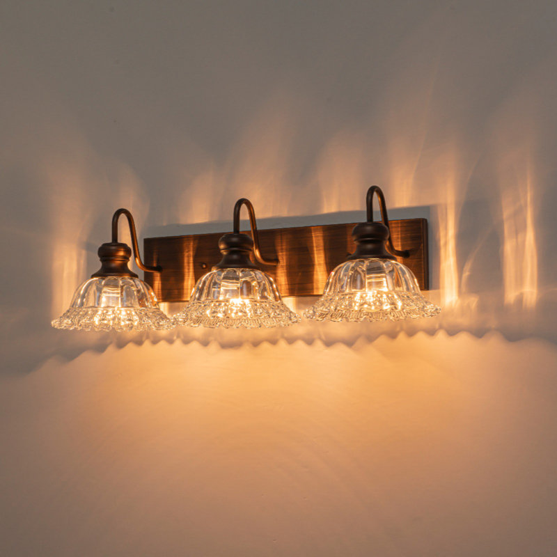 Vintage Bathroom Vanity Light with Flower Glass Shade, 3 Lights, 7.68" H x 25" W x 10.04" D