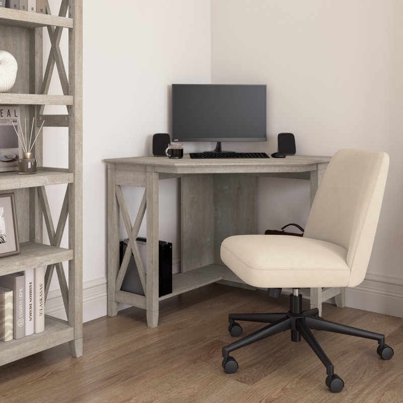 Egils 34W X 34D Small Corner Desk And Chair Set In Washed Gray, Farmhouse Workspace Solution For Home Office
