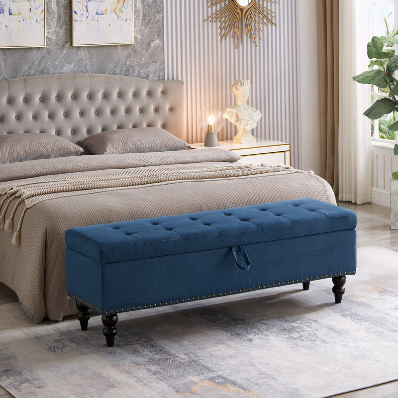 Banc de lit avec rangement en tissu bleu, Bleu