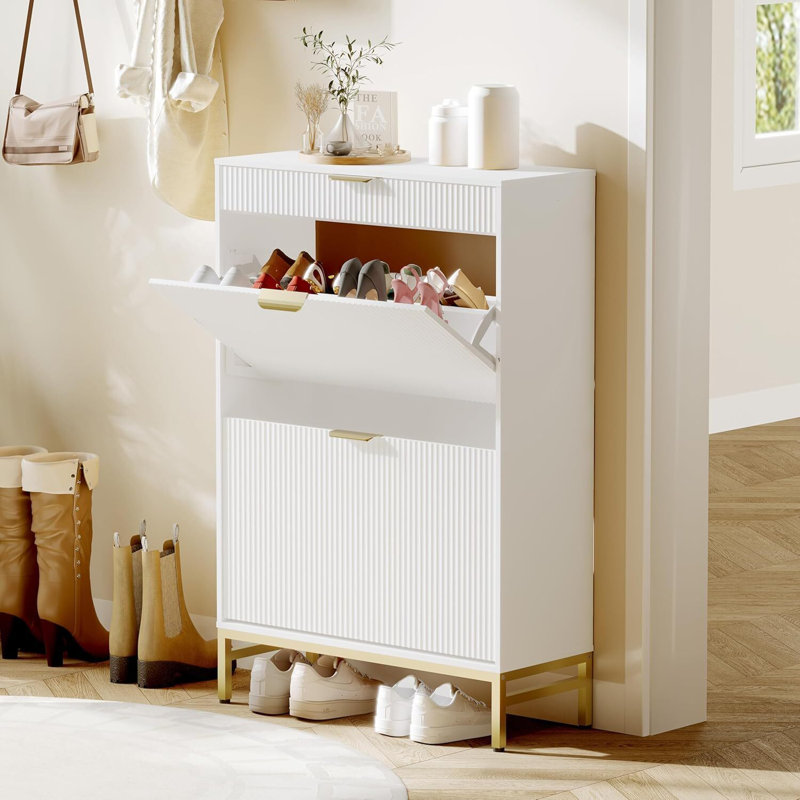 Armoire à chaussures mince avec 2 tiroirs rabattables et un tiroir supérieur - Rangement de ferme moderne, Blanc