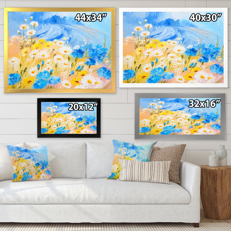 Fleurs de marguerites bleues et blanches - Art sur toile traditionnel, H 34 po x l 44 po x P 1,5 po