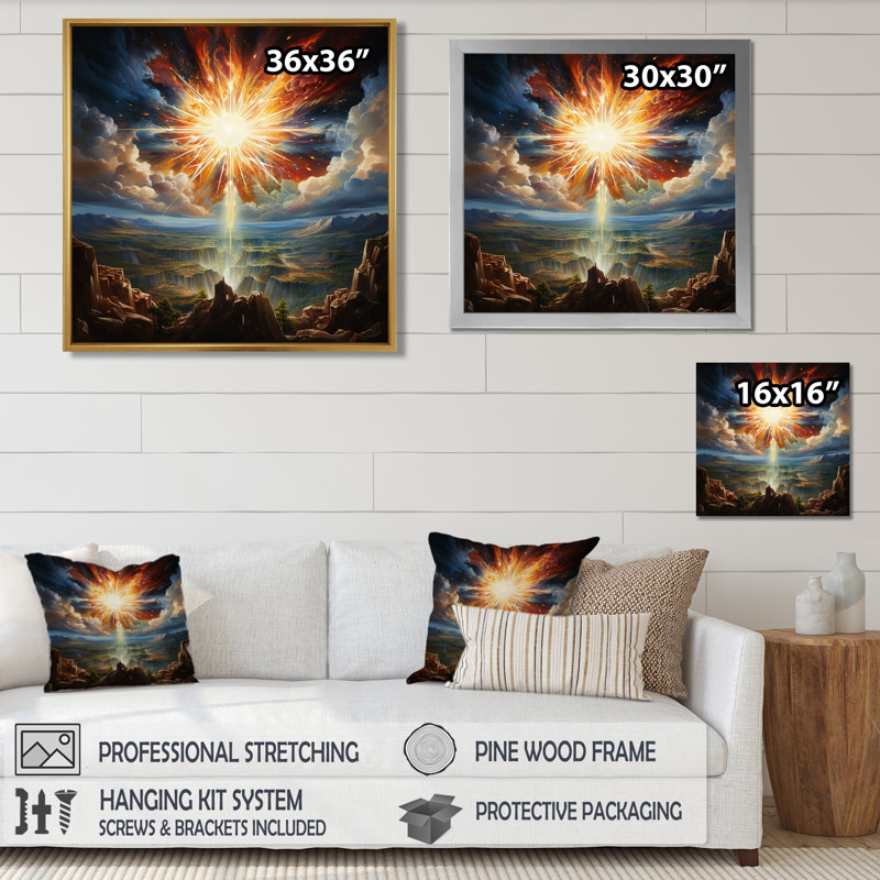 Coucher de soleil, explosion sur les collines, impression d'art mural, Cadre doré flottant, bois massif, H 16 po x l 16 po