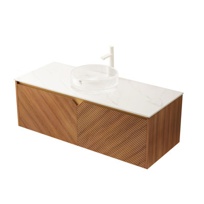 Meuble-lavabo mural de 48 pouces avec armoire en contreplaqué de chêne brun et comptoir en pierre frittée blanche, sans lavabo, robinet, portes en bois massif avec registre à fermeture en douceur, paquet plat pour installation personnelle