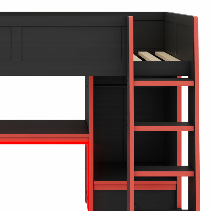 Lit mezzanine en bois avec bureau intégré, garde-robe, DEL et tiroir, Lit simple