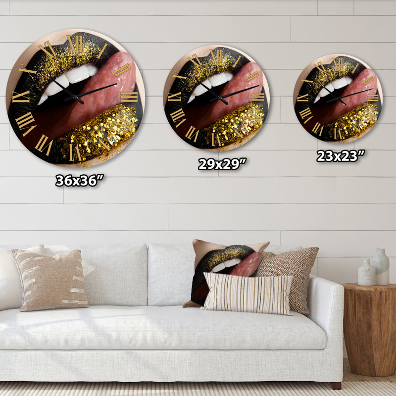 Horloge murale moderne, rouge à lèvres et paillettes dorées, Grand