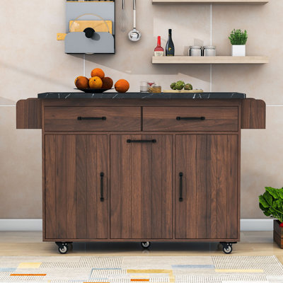 Okeima Kitchen Island Cart with Drop Leaf, Spice and Towel Racks, Trash Can Storage and Rolling Wheels by Latitude Run