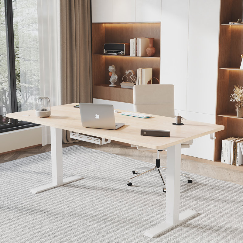Electric T-Shape Height Adjustable Standing Desk, 180cm W x 80cm D, Beige