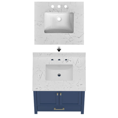 Meuble-lavabo de 30 pouces en bois massif bleu avec lavabo intégré et tiroirs à fermeture en douceur