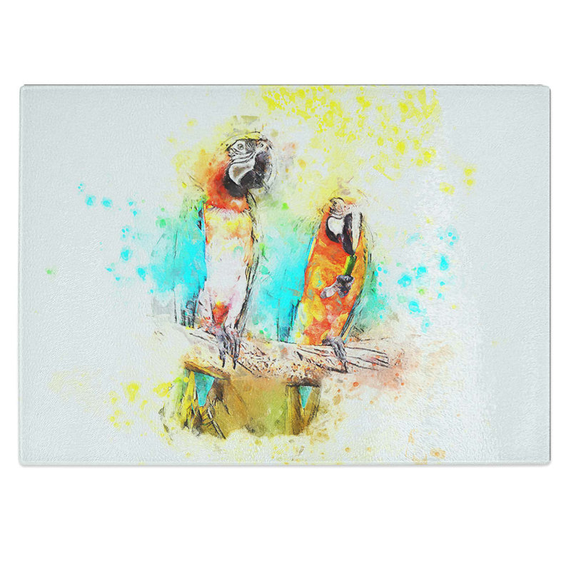 Tempered Glass Two Macaw Parrots on a Branch in Abstract Chopping Board, 28.5 cm W x 20 cm L