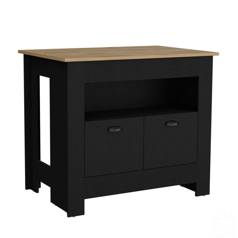 Îlot de cuisine H 35 po, 2 portes blanches, 3 tablettes, Noir/naturel