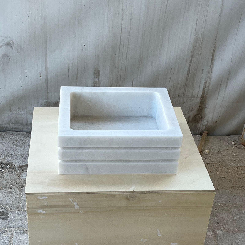 Hand-Carved Solid Marble Square Vessel Sink, Modern Layered Design