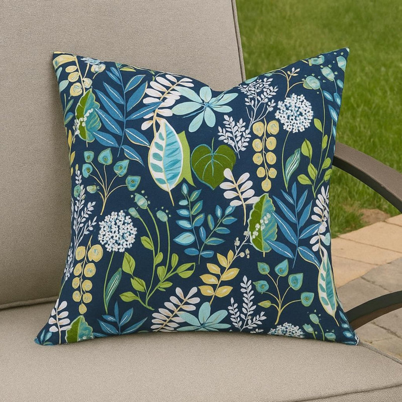 Turquoise Navy Floral Leaf Print Outdoor Pillow