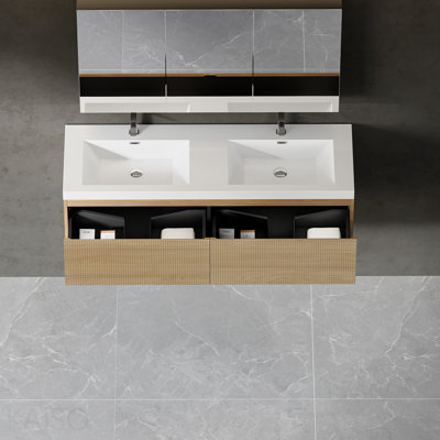Meuble-lavabo flottant 60 po avec lavabo, armoire rayée murale, tiroir à fermeture en douceur, lavabos à double surface blanche brillante, entièrement assemblé, finition chêne naturel
