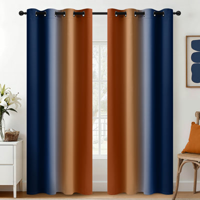 Blue and Brunt Orange  Thermal Insulated Curtains, Grommet Top Gradient Window Drapes 2 Panels
