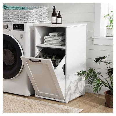 White Laundry Cabinet with Removable Liner Bag - Space-Saving Laundry Storage Organizer for Small Spaces, Dorms & Apartments