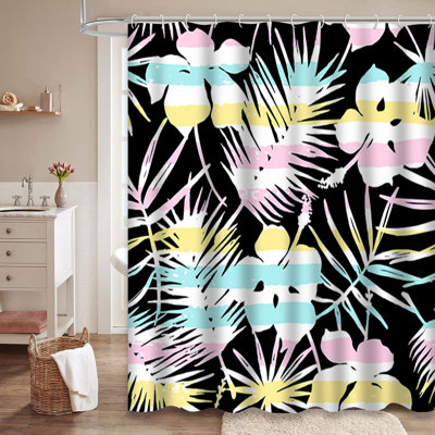 Exotic Tropical Floral Stripes Aloha Shower Curtain with 12 Hooks