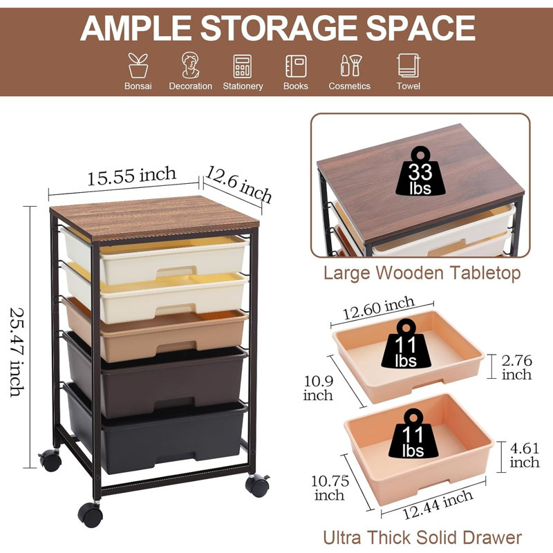 Utility Cart with 5 Drawers,Storage Drawer Cart with Wooden Tabletop and Lockable Wheels,5-Tier Rolling Utility Cart on Wheels