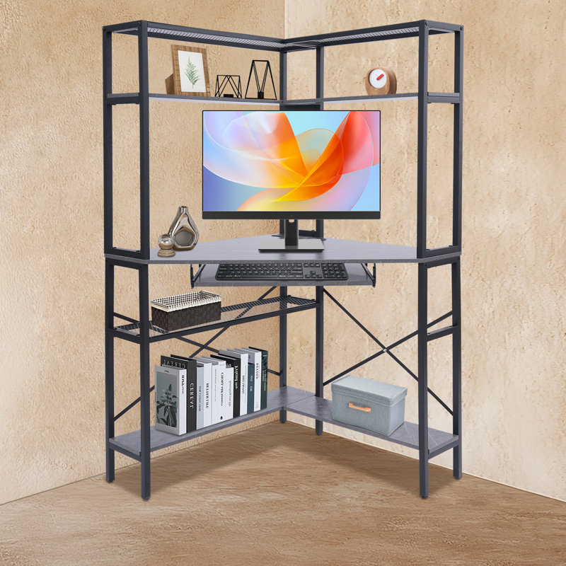Corner Computer Desk With Power Outlets, Gray/Black
