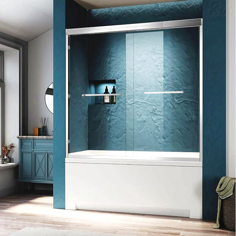 56-60"W X 60"H Double Sliding Opening Tub Shower Door  - Aluminium Alloy Frame In Chrome, 1/4" (6Mm) Thick Clear Tempered Glass