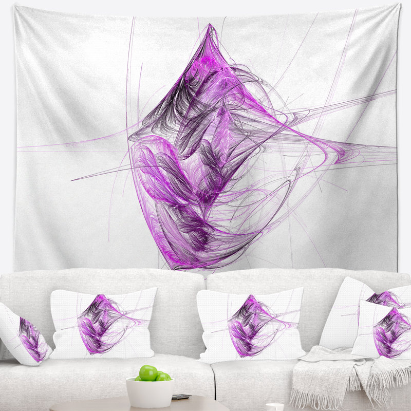 Tapisserie abstraite mauve sur fond blanc fractal, H 68 po x l 80 po