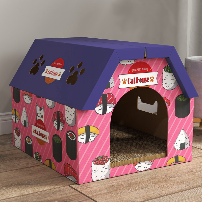 Cat Scratching Board 2in1 Cardboard Cat House with Door Pink