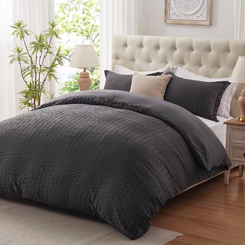 Seersucker Duvet Cover Set with Pillowcases, Single, Dark Grey