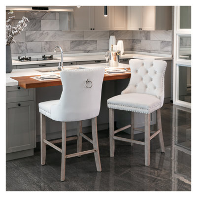 Set of 2 Beige Velvet Tufted Bar Stools, Contemporary Counter Height Kitchen Chairs with Nailhead Trim & Solid Wood Legs