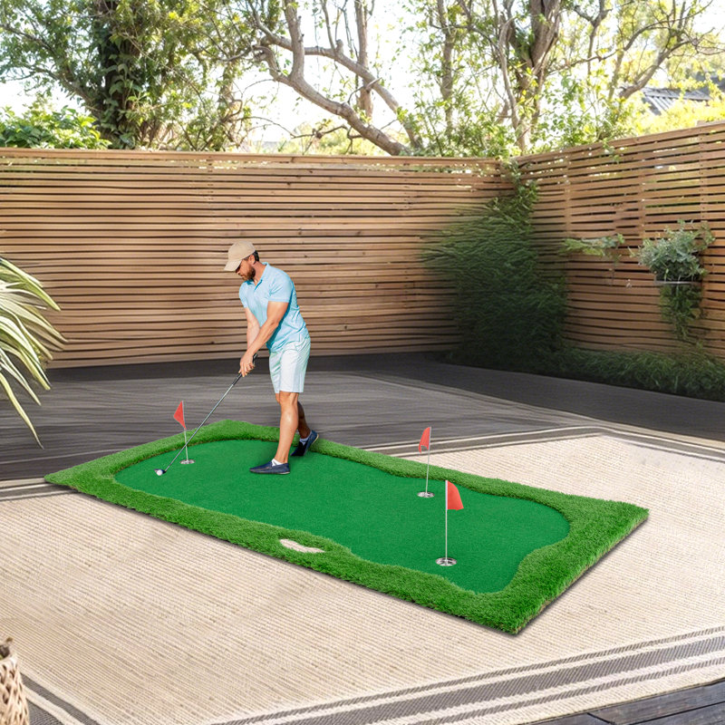 Golf Putting Green - Tapis d'entraînement avec gazon de haute qualité, 3 trous, drapeaux et tasses pour une utilisation intérieure / extérieure